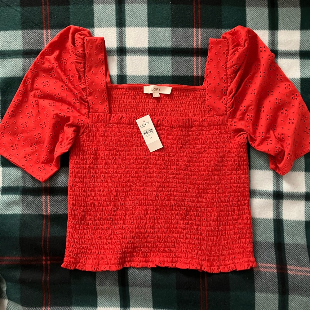 NWT Loft Red Eyelet Lace Smocked Puff Sleeve Top (Matching Skirt Available)